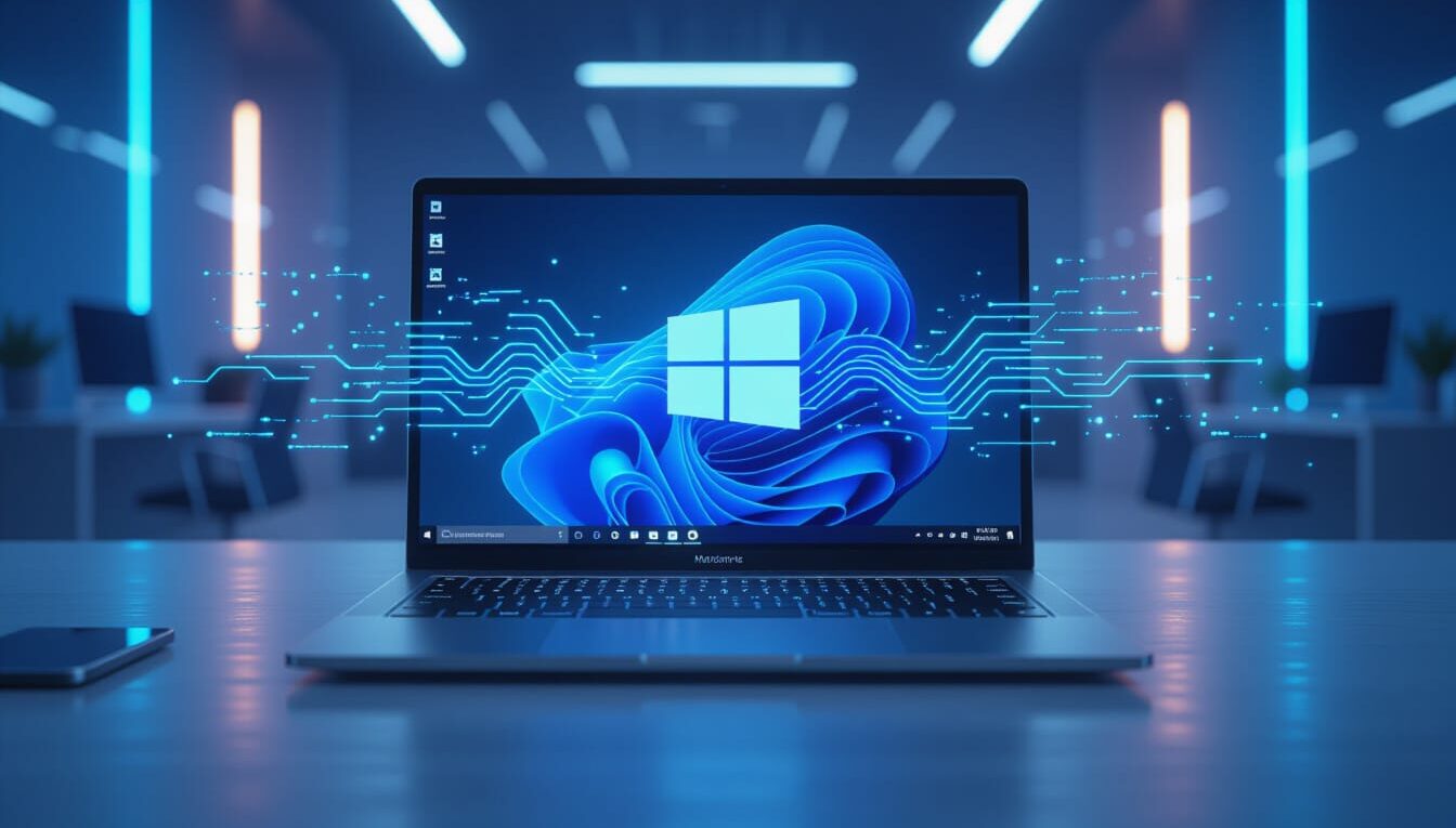 Illustration of a fast Windows 11 laptop showing system optimization, blue speed trails, and improved performance on screen.